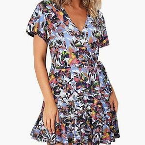GOOTUCH Short Sleeve V Neck Wrap Floral Print Dress Size L